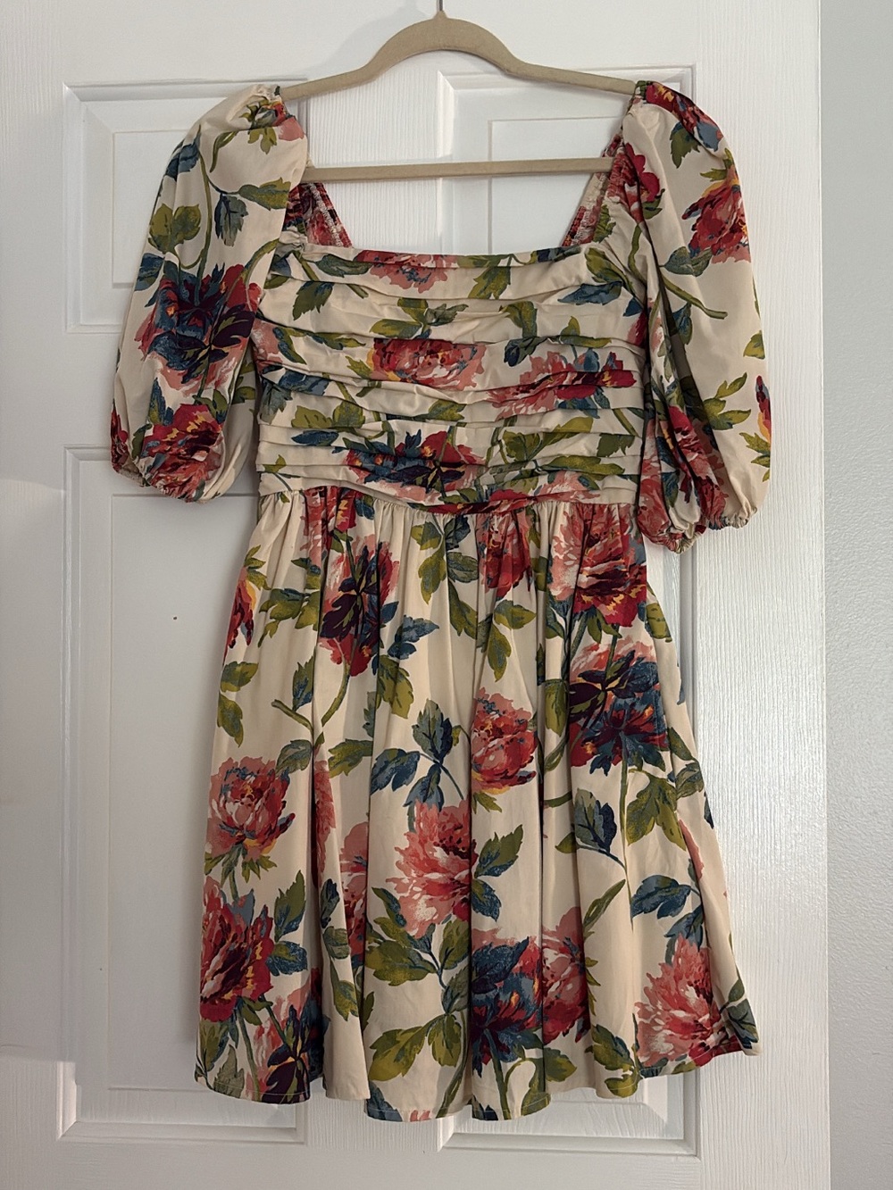 Abercrombie & Fitch Cream Floral Puff-Sleeve Mini Dress